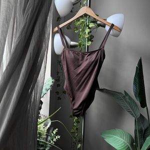 Brown square neck bodysuit swimsuit